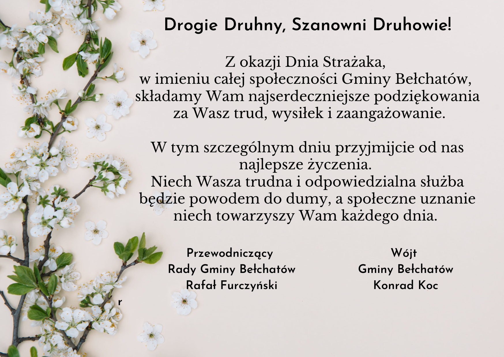 gałązka kwitnącej wiśni na&nbsp;beżowym tle i&nbsp;życzenia dla strażak&oacute;w