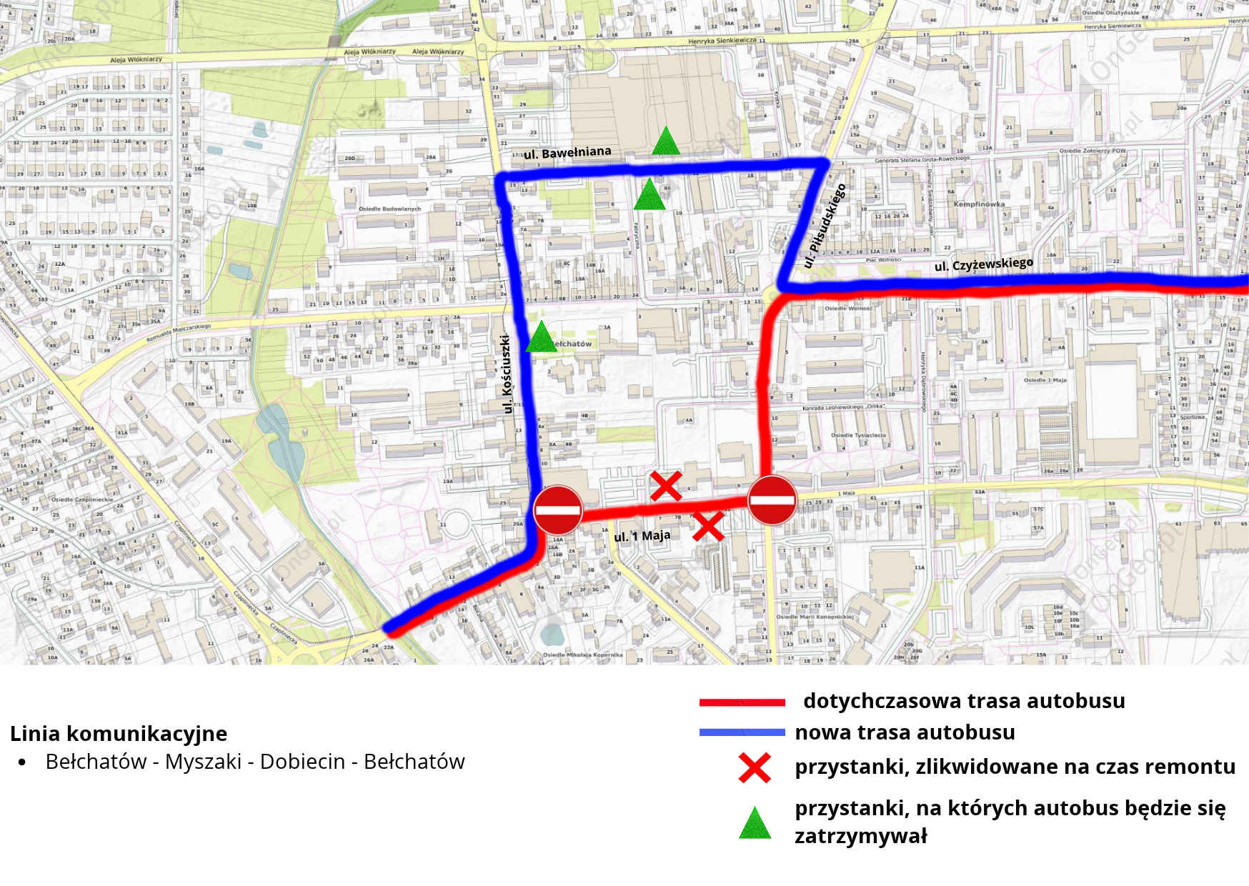 mapka gminy bełchat&oacute;w z&nbsp;zaznaczonym objazdem