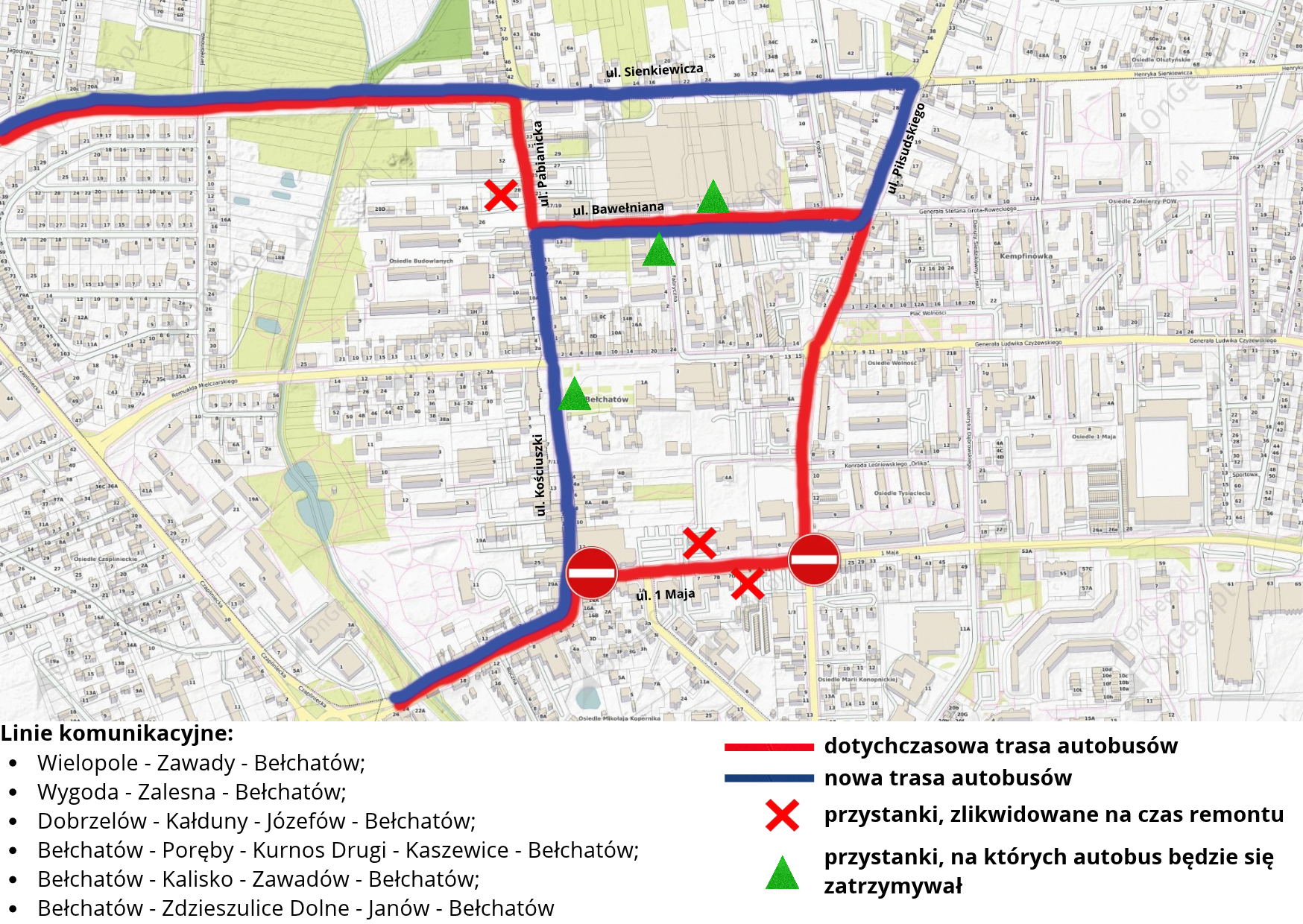 mapka gminy bełchat&oacute;w z&nbsp;zaznaczonym objazdem