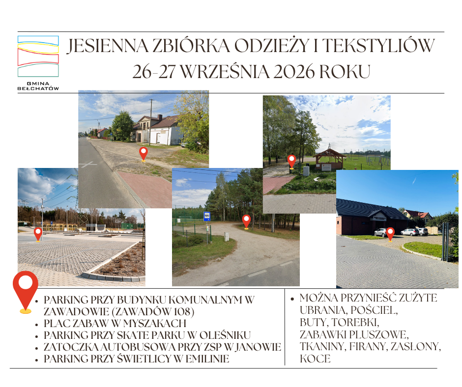 zdjęcia parking&oacute;w w&nbsp;Zawadowie, Oleśniku, Myszakach, Janowie i&nbsp;Emilinie oraz&nbsp;informacja o&nbsp;zbi&oacute;rce tekstyli&oacute;w i&nbsp;odzieży, kt&oacute;ra odbędzie się w&nbsp;tych miejscach