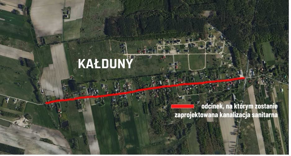 mapka miejscowości Kałduny z&nbsp;zaznaczoną siecią kanalizacyjną do zaprojektowania 
