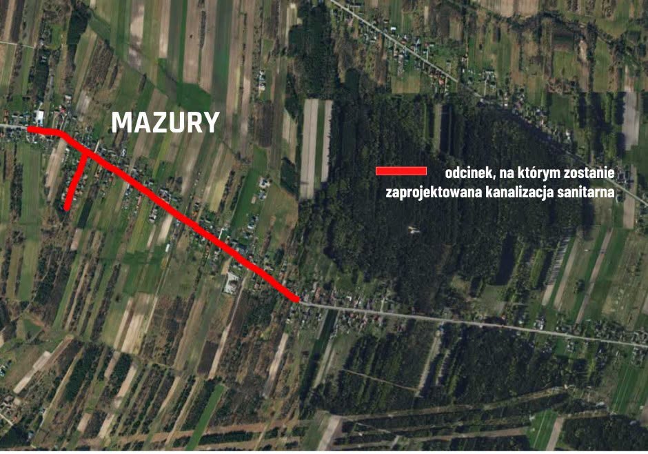 mapka miejscowości mazury z&nbsp;zaznaczoną siecią kanalizacyjną do zaprojektowania 