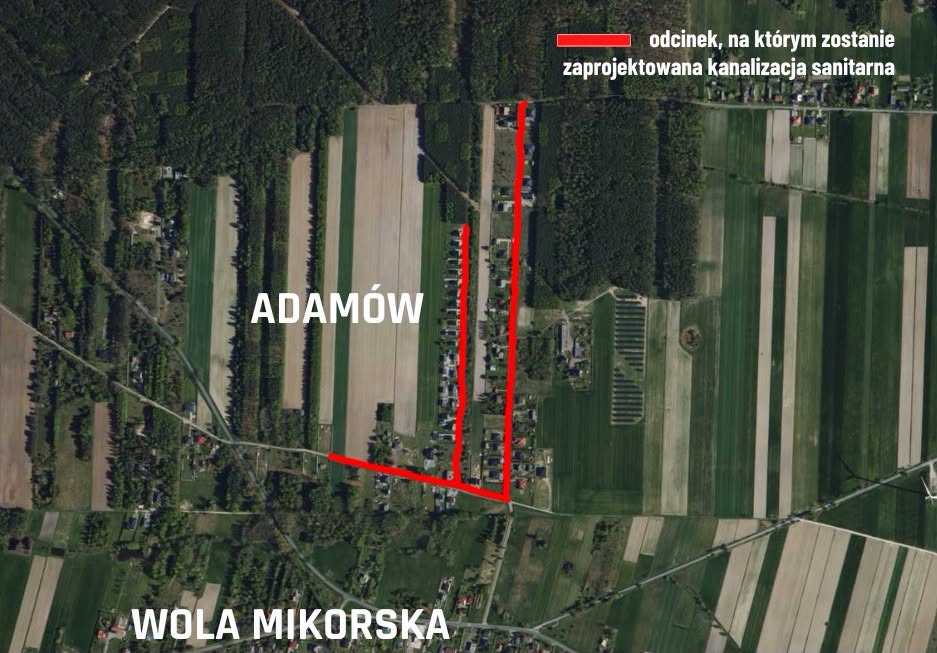 mapka miejscowości adam&oacute;w z&nbsp;zaznaczoną siecią kanalizacyjną do zaprojektowania 