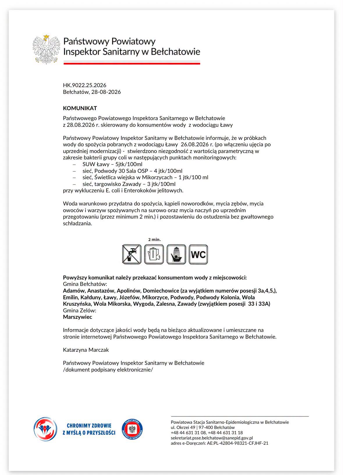 komunikat sanepidu w&nbsp;sprawie jakości wody z&nbsp;wodociągu w&nbsp;ławach