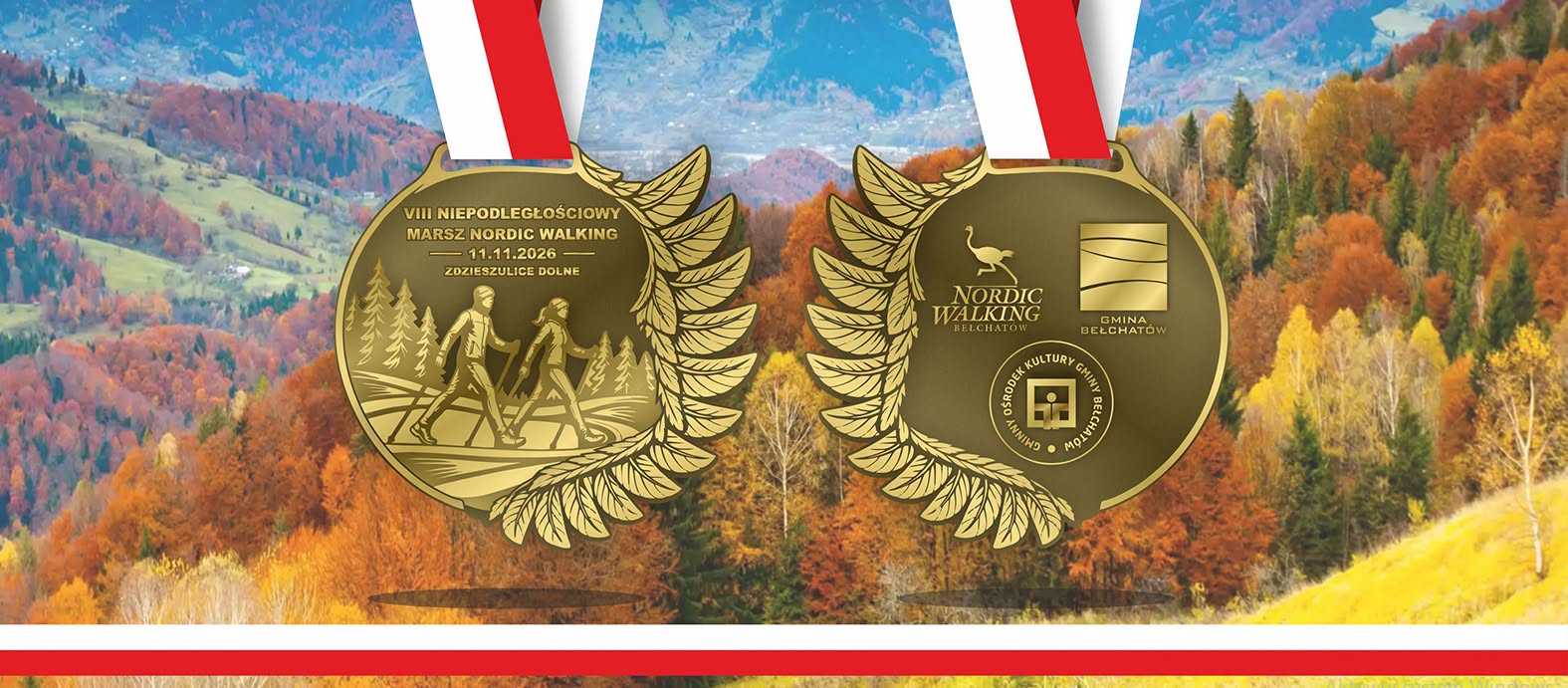 grafika z&nbsp;dwoma medalami, na&nbsp;medalach napis o&nbsp;marszu nordic walking