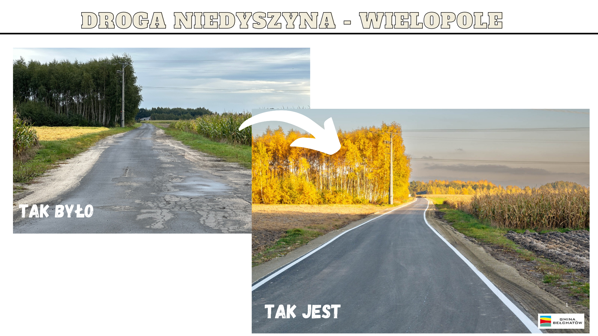 dwa zdjęcia drogi asfaltowej, jedno przed remontem, drugie po remoncie