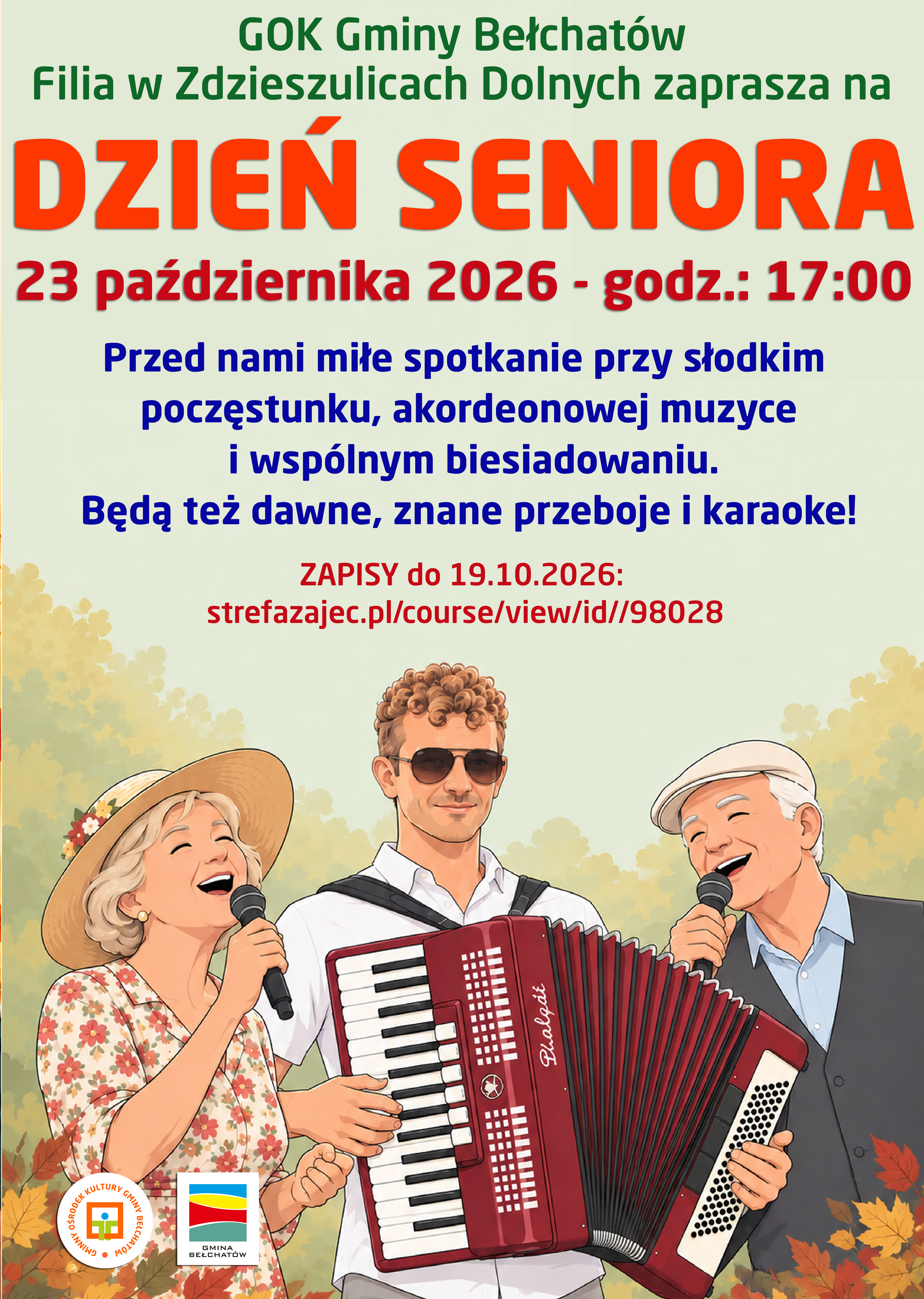 grafika przedstawiająca grupę rozspiewanych os&oacute;b, napis informujący o&nbsp;wydarzeniiu - dniu seniora w&nbsp;zdzieszulicach dolnych