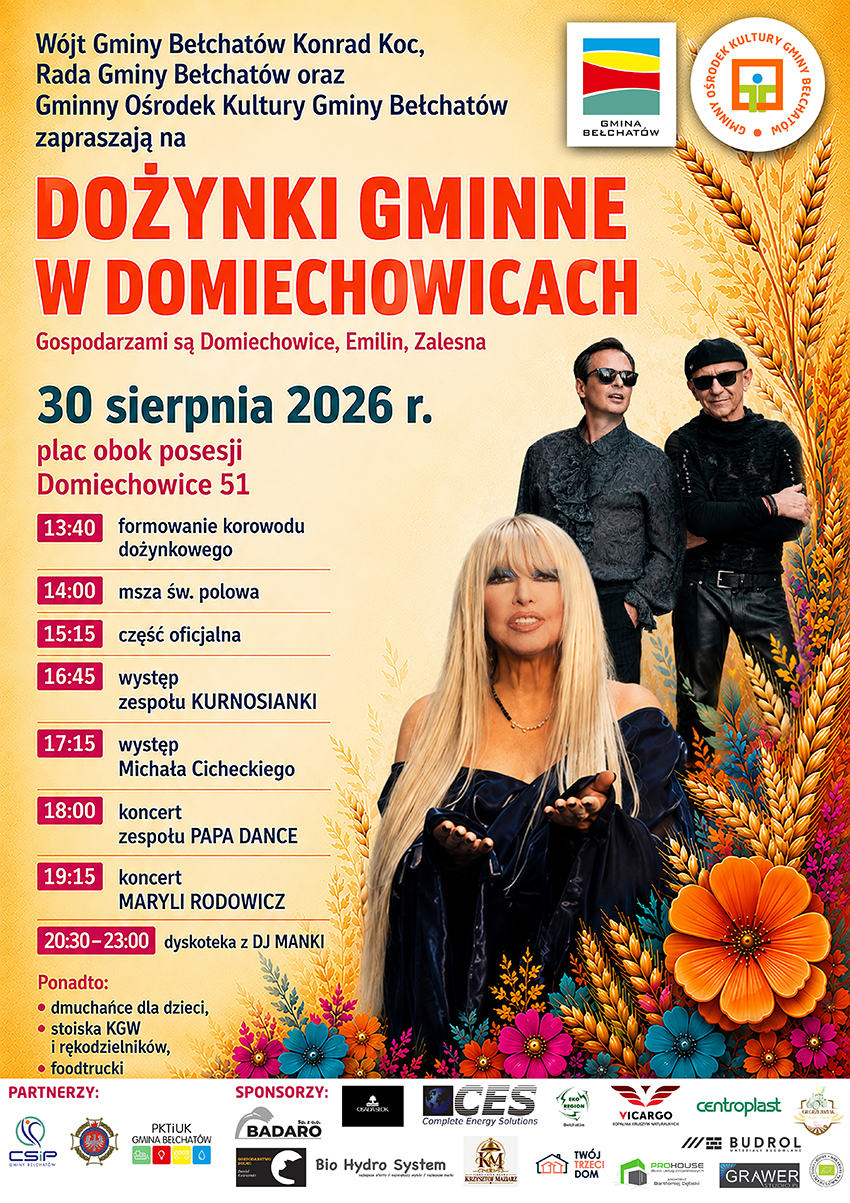 plakat dożynek gminnych w&nbsp;domiechowicach, zdjęcia maryli rodowicz i&nbsp;zespołu papa dance