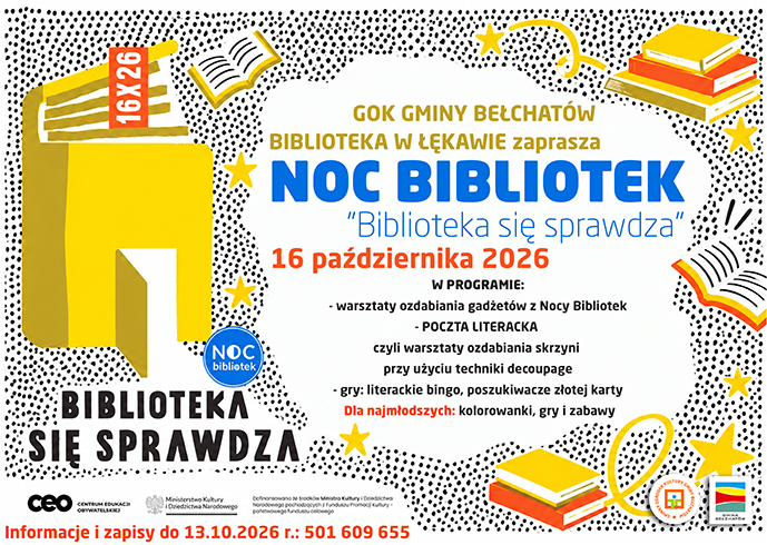 plakat wydarzenia noc bibliotek w&nbsp;łękawie