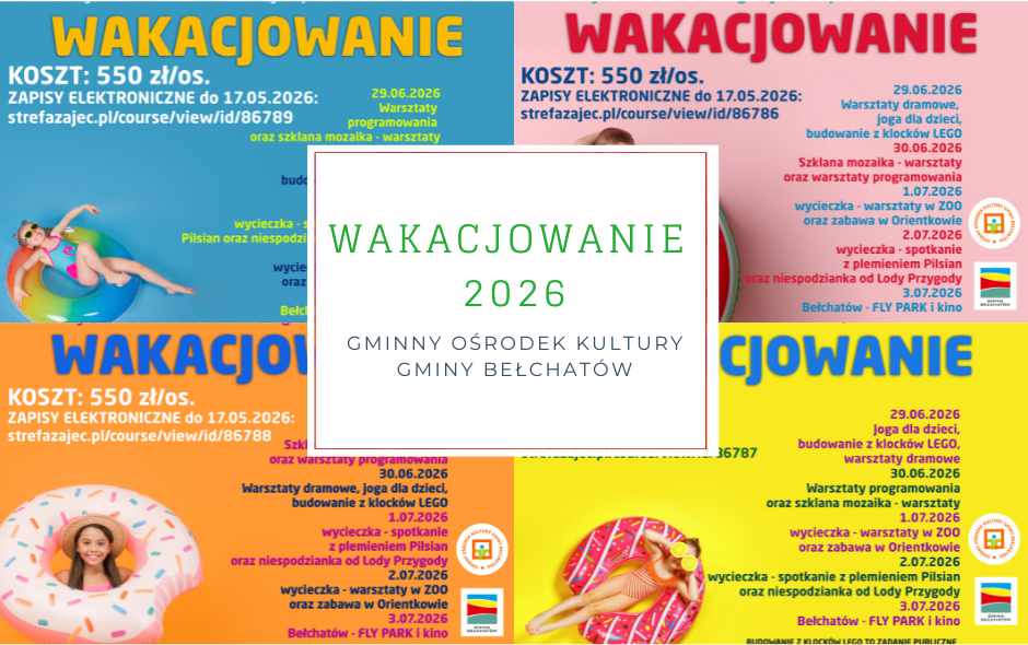 kolaż plakat&oacute;w zapraszających do udziału w&nbsp;zajęciach wakacjowania z&nbsp;gminnym ośrodkiem kultury gminy bełchat&oacute;w