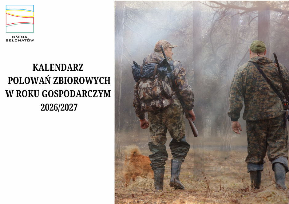 dw&oacute;ch myśliwych z&nbsp;psem na&nbsp;tle lasu, napis kalendarz polowań zbiorowych w&nbsp;roku gospodarczym 2026/2027