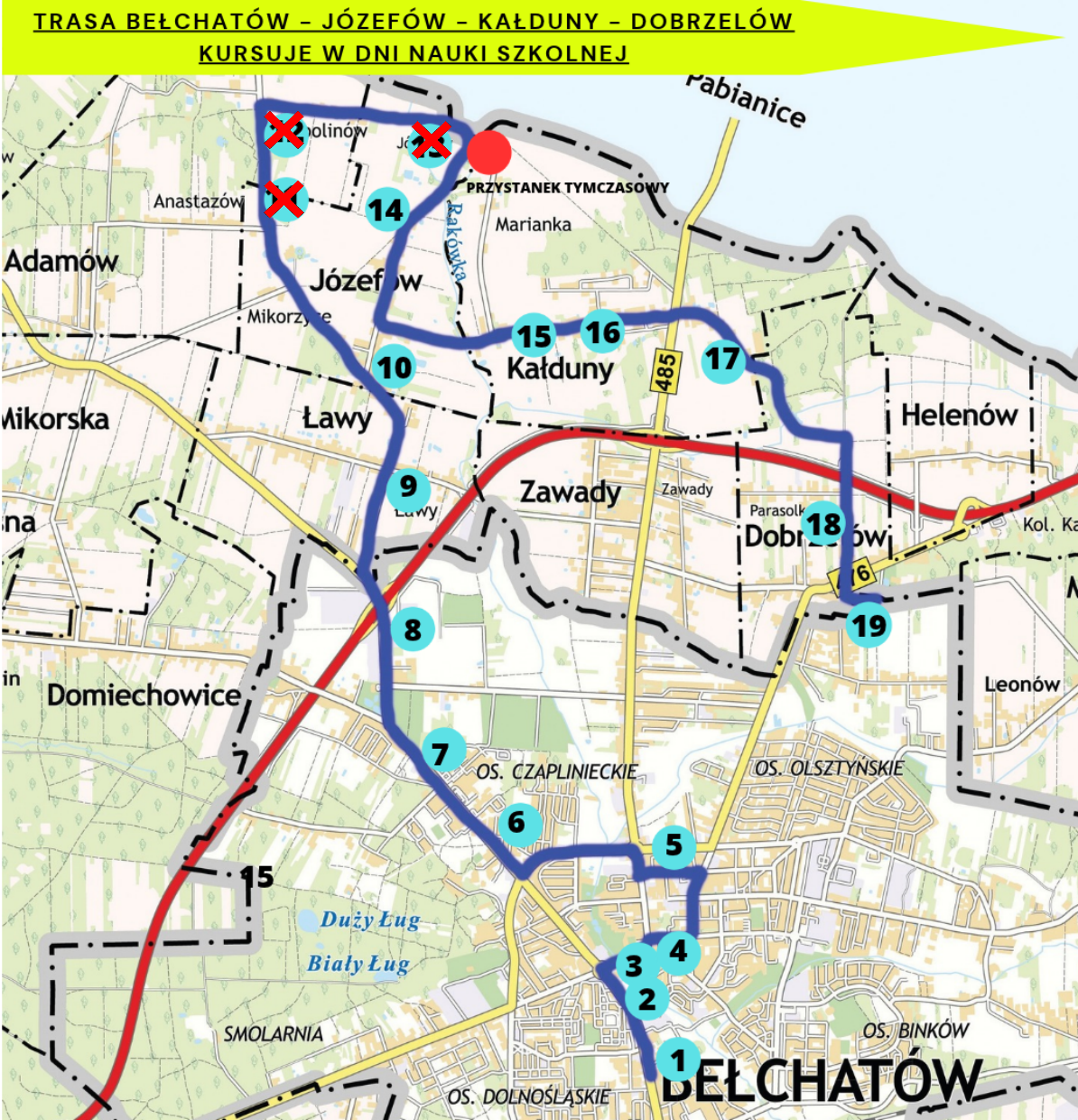 mapka z&nbsp;trasą autobusu