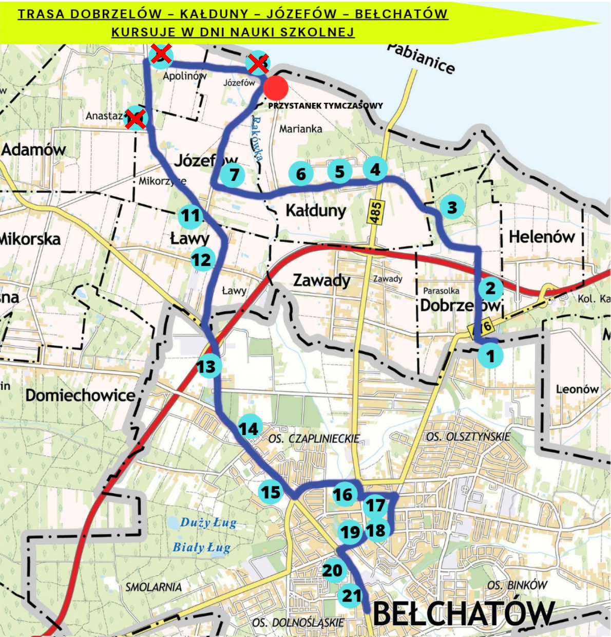mapka z&nbsp;trasą autobusu