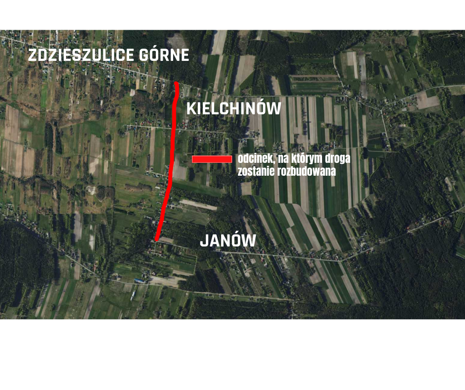 mapa gminy bełchat&oacute;w z&nbsp;zaznaczonym odcinkiem drogi kielchin&oacute;w - augustyn&oacute;w
