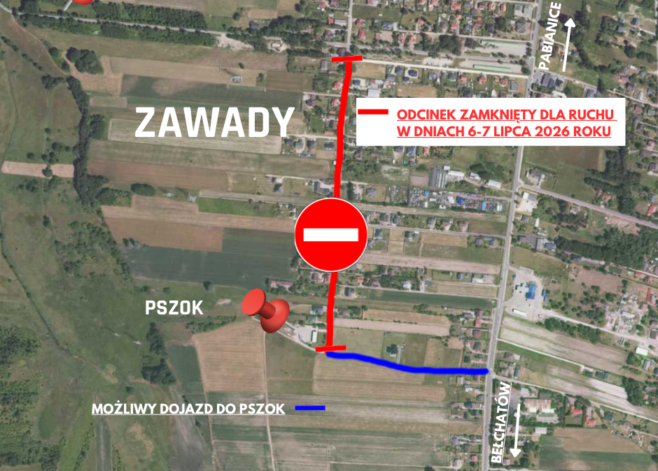 mapa miejscowości zawady z&nbsp;zaznaczonym odcinkiem drogi wyłączonej z&nbsp;ruchu