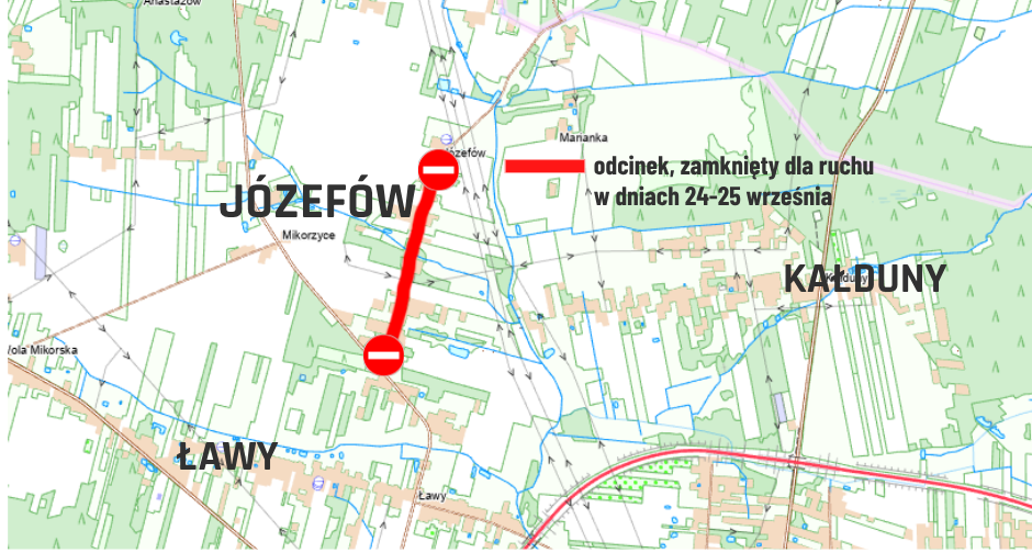 mapa J&oacute;zefowa z&nbsp;zaznaczonym odcinkiem drogi wyłączonym z&nbsp;ruchu