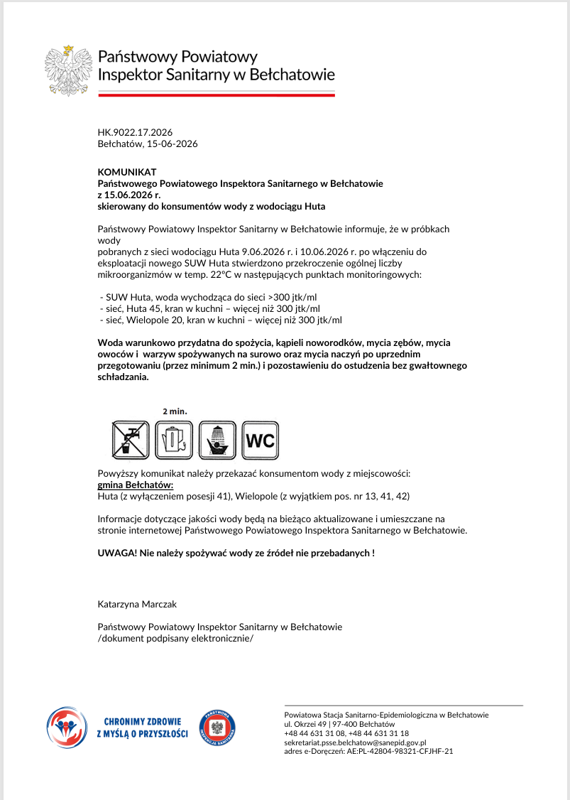 komunikat sanepidu w&nbsp;sprawie jakości wody z&nbsp;wodociągu w&nbsp;Hucie