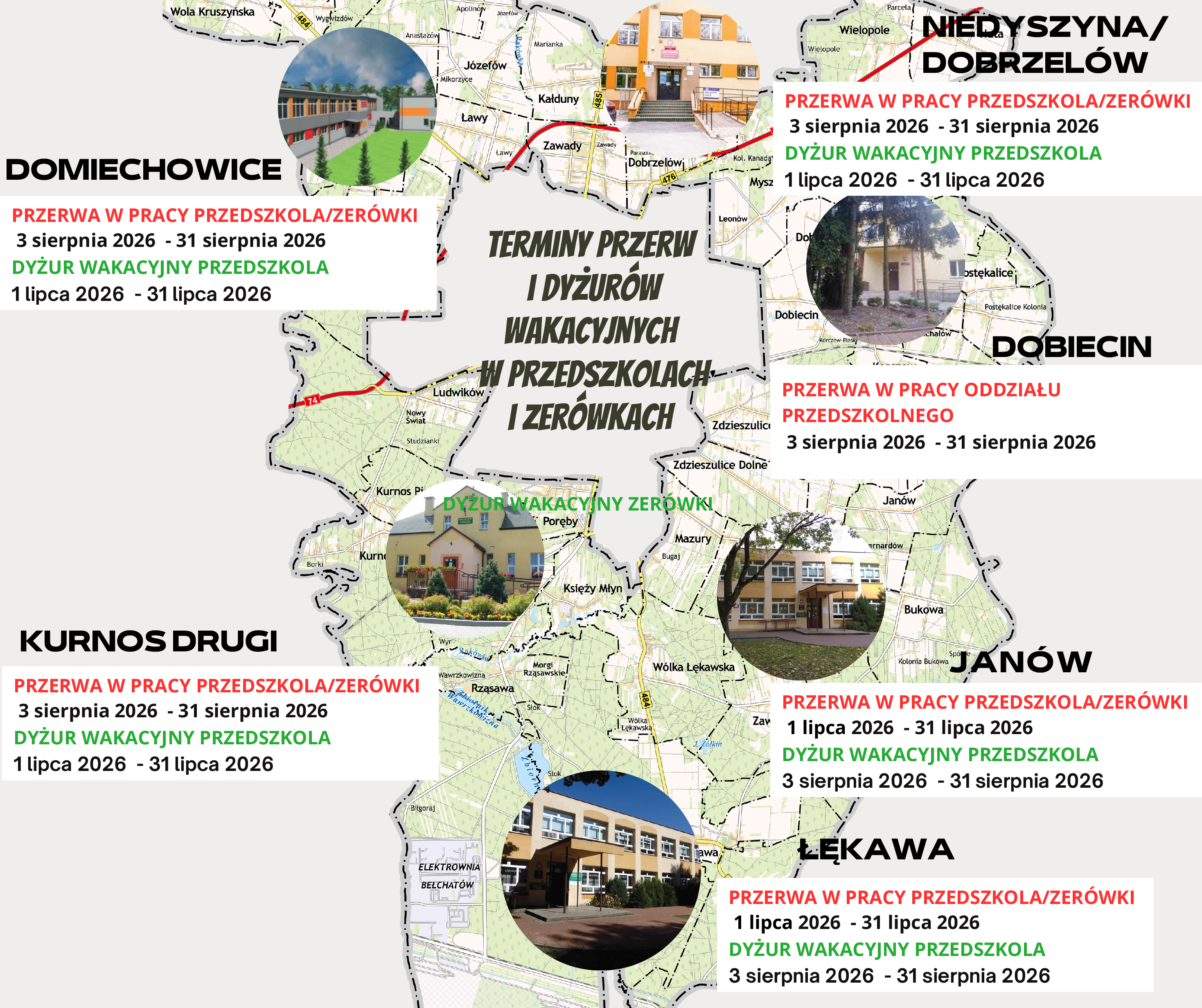 mapa gminy bełchat&oacute;w z&nbsp;zaznaczoną lokalizacją szk&oacute;ł i&nbsp;wskazaniem termin&oacute;w przerw wakacyjnych i&nbsp;dyżur&oacute;w