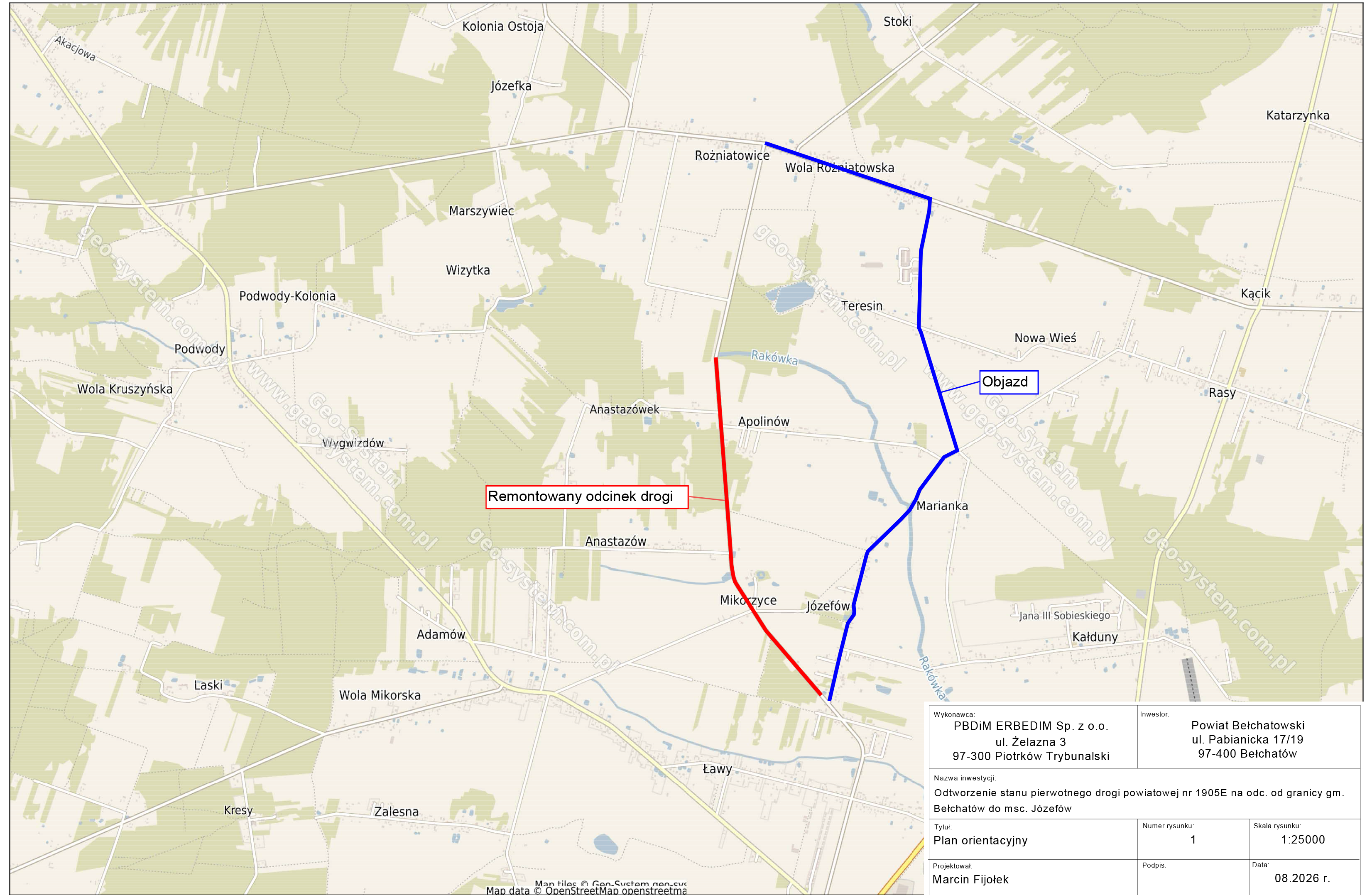 mapa gminy bełchat&oacute;w z&nbsp;zamkniętą drogą i&nbsp;wyznaczonym objazdem