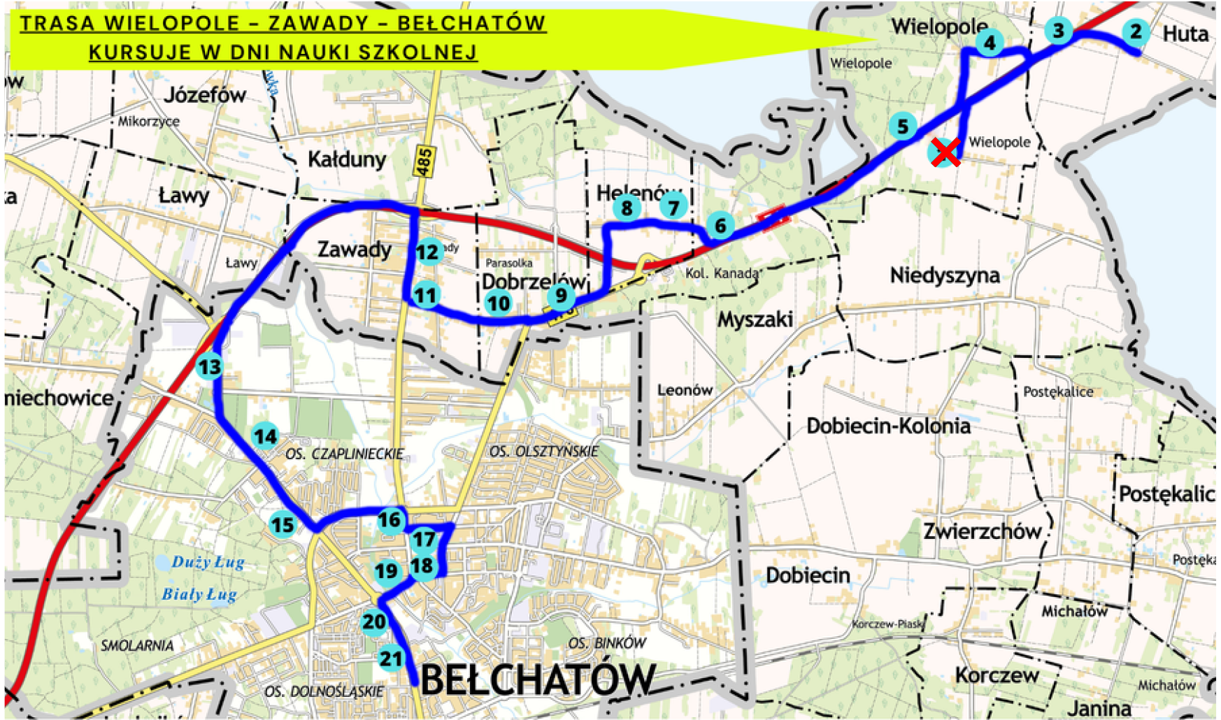 mapa linii autobusowej z&nbsp;zaznaczonymi przystankami