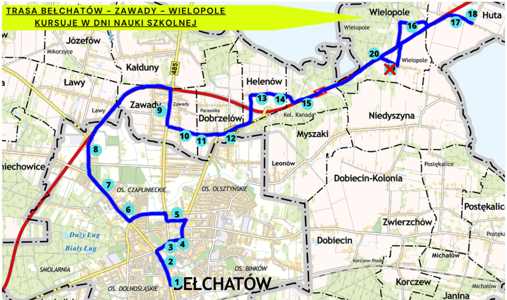 mapa linii autobusowej z&nbsp;zaznaczonymi przystankami