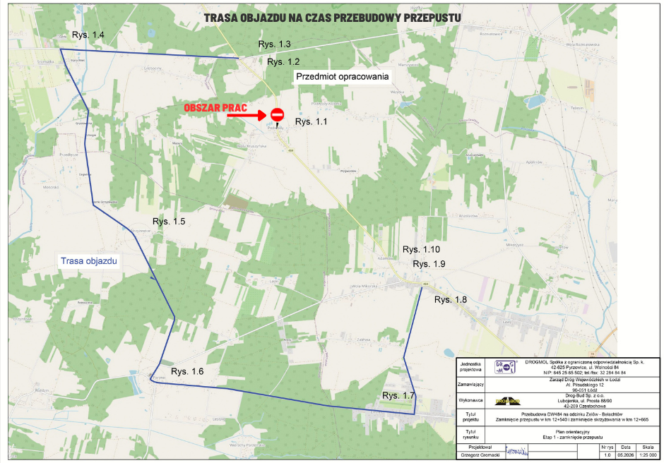 mapka gminy bełchat&oacute;w z&nbsp;zaznaczoną trasą objazdu na&nbsp;czas rob&oacute;t 