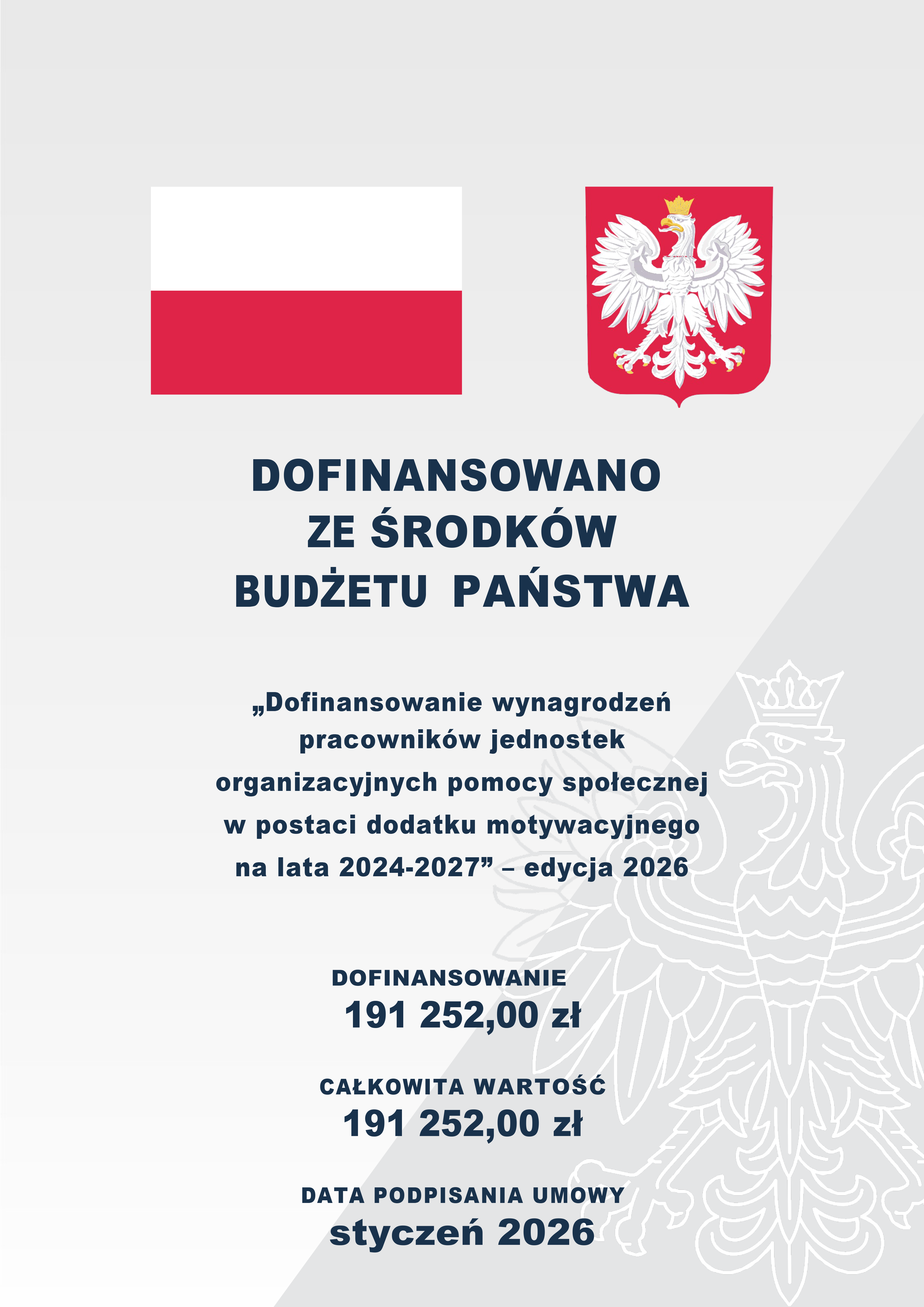 plakat informujący o pomocy z funduszy rządowych, flaga i godło polski
