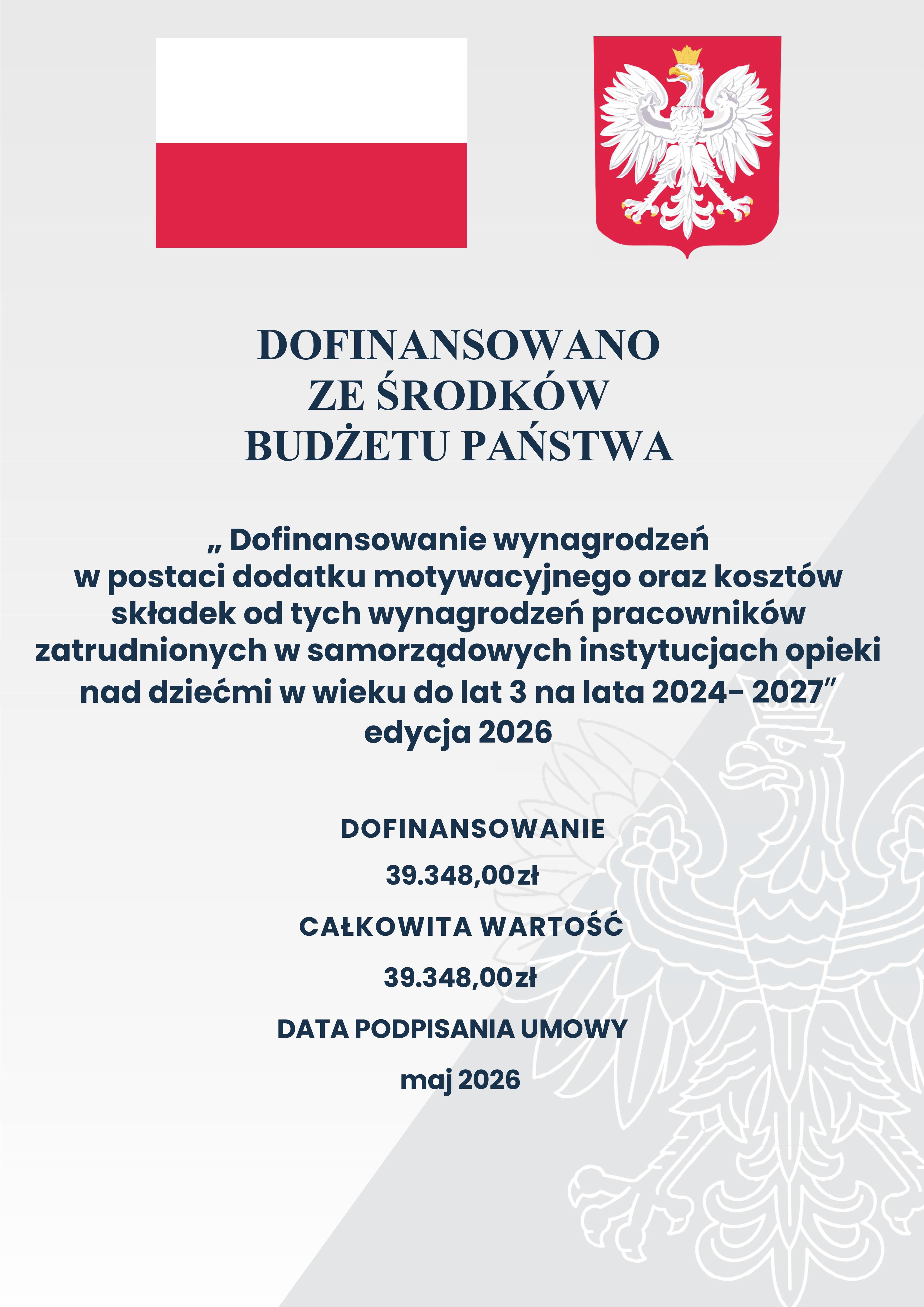 plakat informujący o&nbsp;dofinansowaniu dodatku motywacyjnego dla opiekun&oacute;w zatrudnionych w&nbsp;gminnym żłobku w&nbsp;domiechowicach
