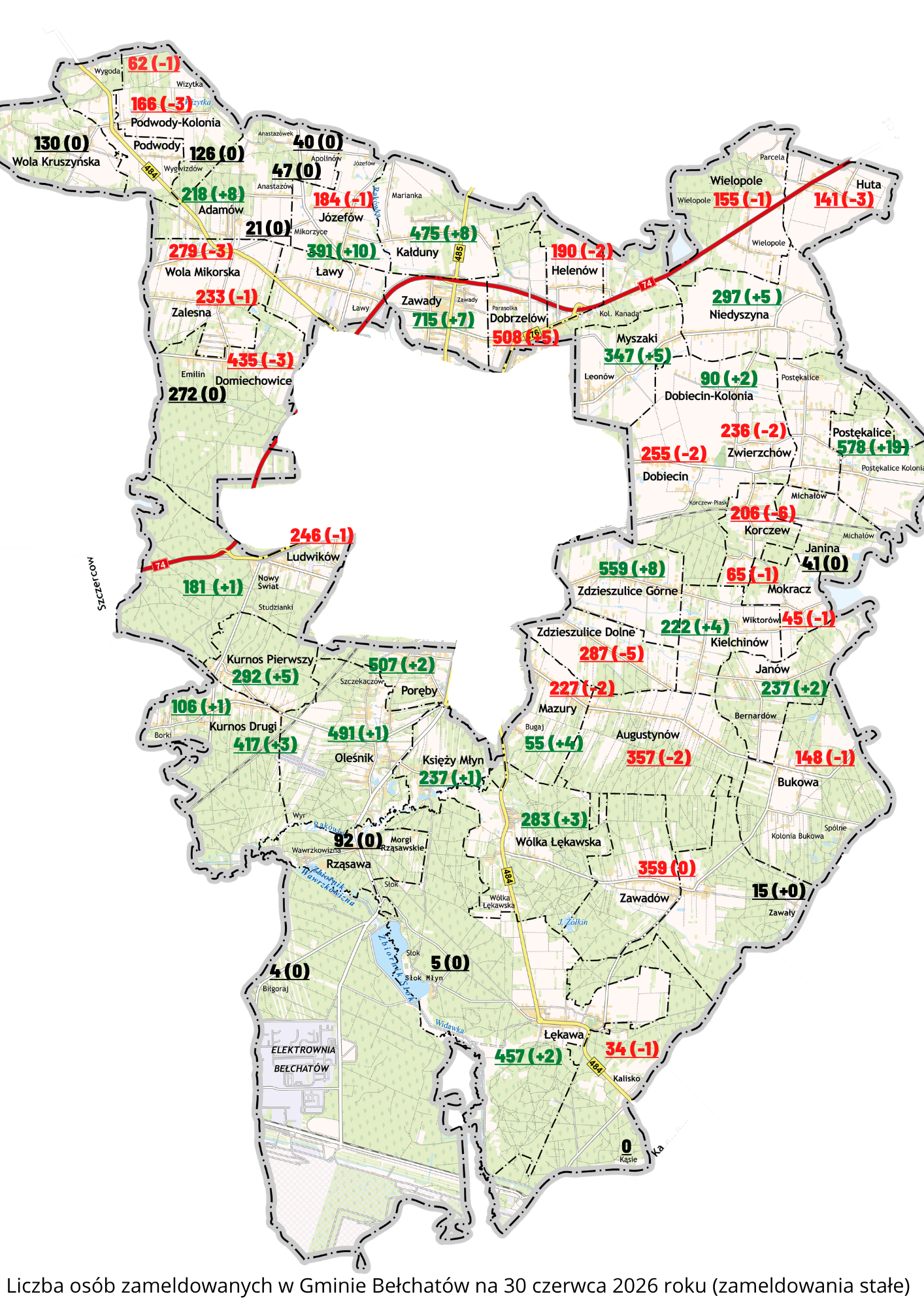 mapa gminy bełchat&oacute;w z&nbsp;zaznaczoną liczbą ludności dla poszczeg&oacute;lnych miejscowości