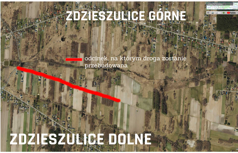 mapka zdzieszulic g&oacute;rnych z&nbsp;zaznaczonym odcinkiem drogi do przebudowy