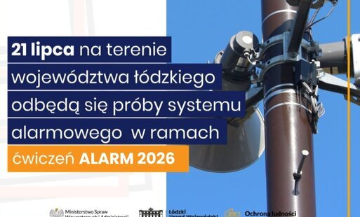 syrena alarmowa, napis informujący o krajowych ćwiczeniach systemu ostrzegania