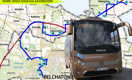 gminny autobus na tle mapki części gminy bełchatów
