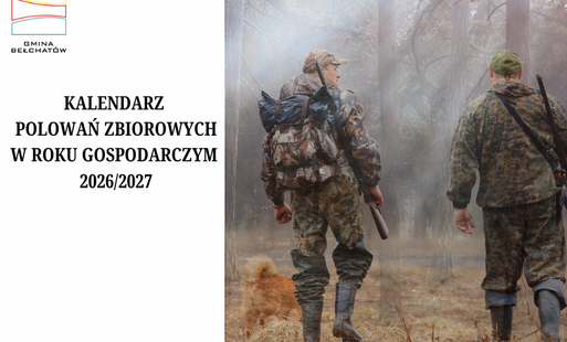dwóch myśliwych z psem na tle lasu, napis kalendarz polowań zbiorowych w roku gospodarczym 2026/2027