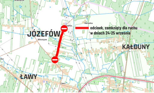 mapa Józefowa z zaznaczonym odcinkiem drogi wyłączonym z ruchu