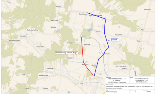 mapa gminy bełchatów z zamkniętą drogą i wyznaczonym objazdem
