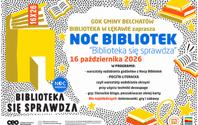 plakat wydarzenia noc blbliotek w łękawie