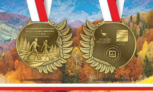 grafika z dwoma medalami, na medalach napis o marszu nordic walking