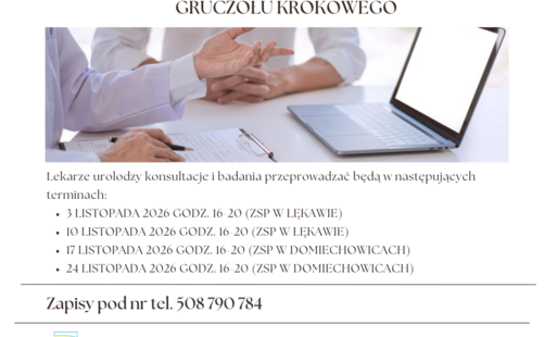lekarz w fartuchu podczas konsultacji, przed nim laptop, informacja o badaniach profilaktycznych na terenie gminy bełchatów