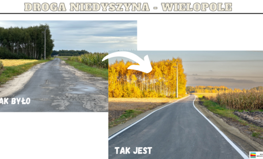 dwa zdjęcia drogi asfaltowej, jedno przed remontem, drugie po remoncie