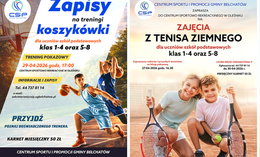 dwa plakaty reklamujące zajęcia z tenisa ziemnego i koszykówki na boisku w oleśniku
