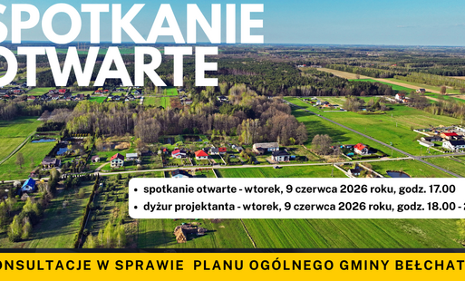 zdjęcie lotnicze gminy Bełchatów, w tle domy i drogi, informacja o zaplanowanym spotkaniu otwartym