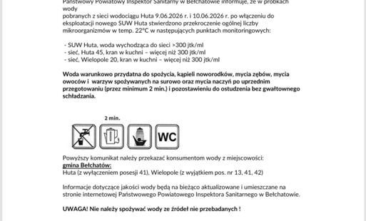 Zdjęcie do Komunikat Powiatowej Stacji Sanitarno-Epidemiologicznej w Bełchatowie w sprawie wodociągu Huta