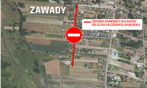 mapa miejscowości zawady z zaznaczoną drogą wyłączoną z ruchu