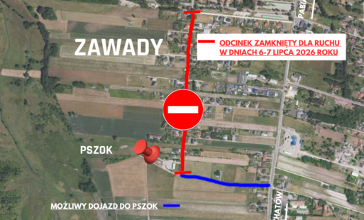 mapa miejscowości zawady z zaznaczonym odcinkiem wyłączonym z ruchu