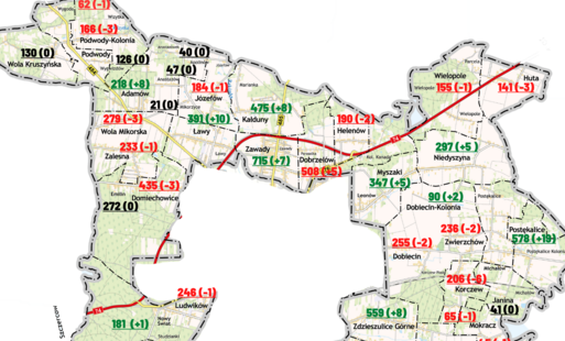 mapa gminy bełchatów z zaznaczoną liczbą ludności dla poszczególnych miejscowości