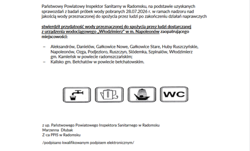 Zdjęcie do Komunikat Powiatowej Stacji Sanitarno-Epidemiologicznej w Radomsku w sprawie wodociągu Włodzimierz z dnia 31 lipca 2026 roku