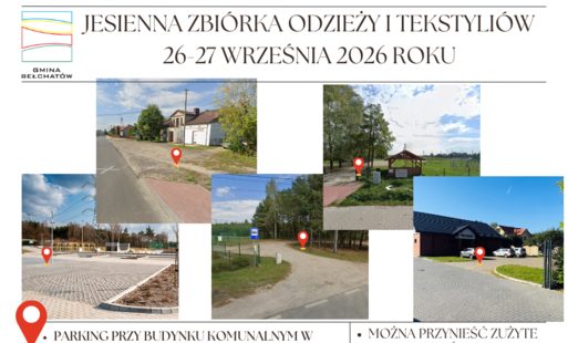zdjęcia parkingów w Zawadowie, Oleśniku, Myszakach, Janowie i Emilinie oraz informacja o zbiórce tekstyliów i odzieży, która odbędzie się w tych miejscach